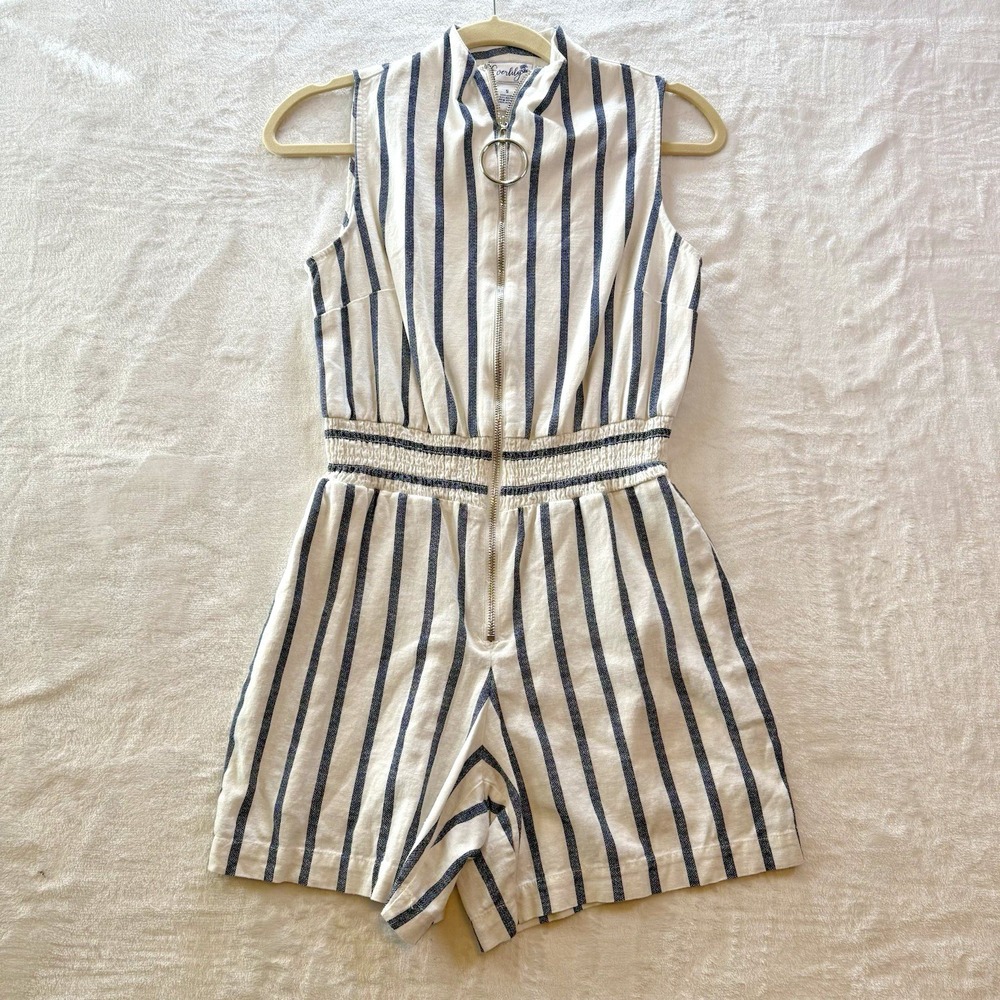 Everlily Striped One Piece Linen Rayon Summer Romper Womens Sz S Navy/Cream